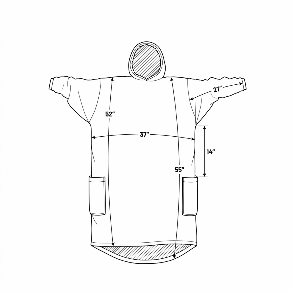 Plague Doctor Costume Long size diagram - 37 inch chest, 52 inch front length, 55 inch full length, 27 inch sleeve, 14 inch cuff